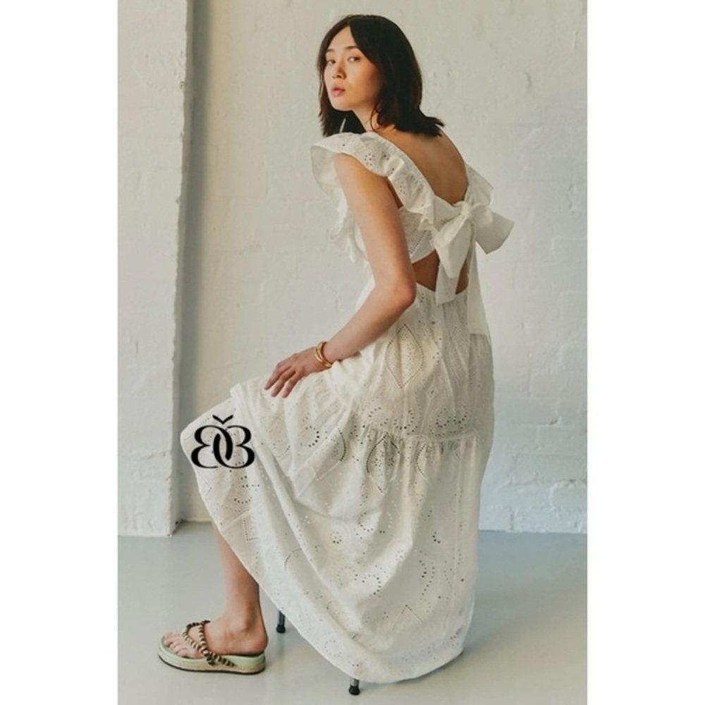 Flying Tomato Natural Beige Eyelet Ruffle & Bow Tiered Midi Dress - Picture 1 of 12